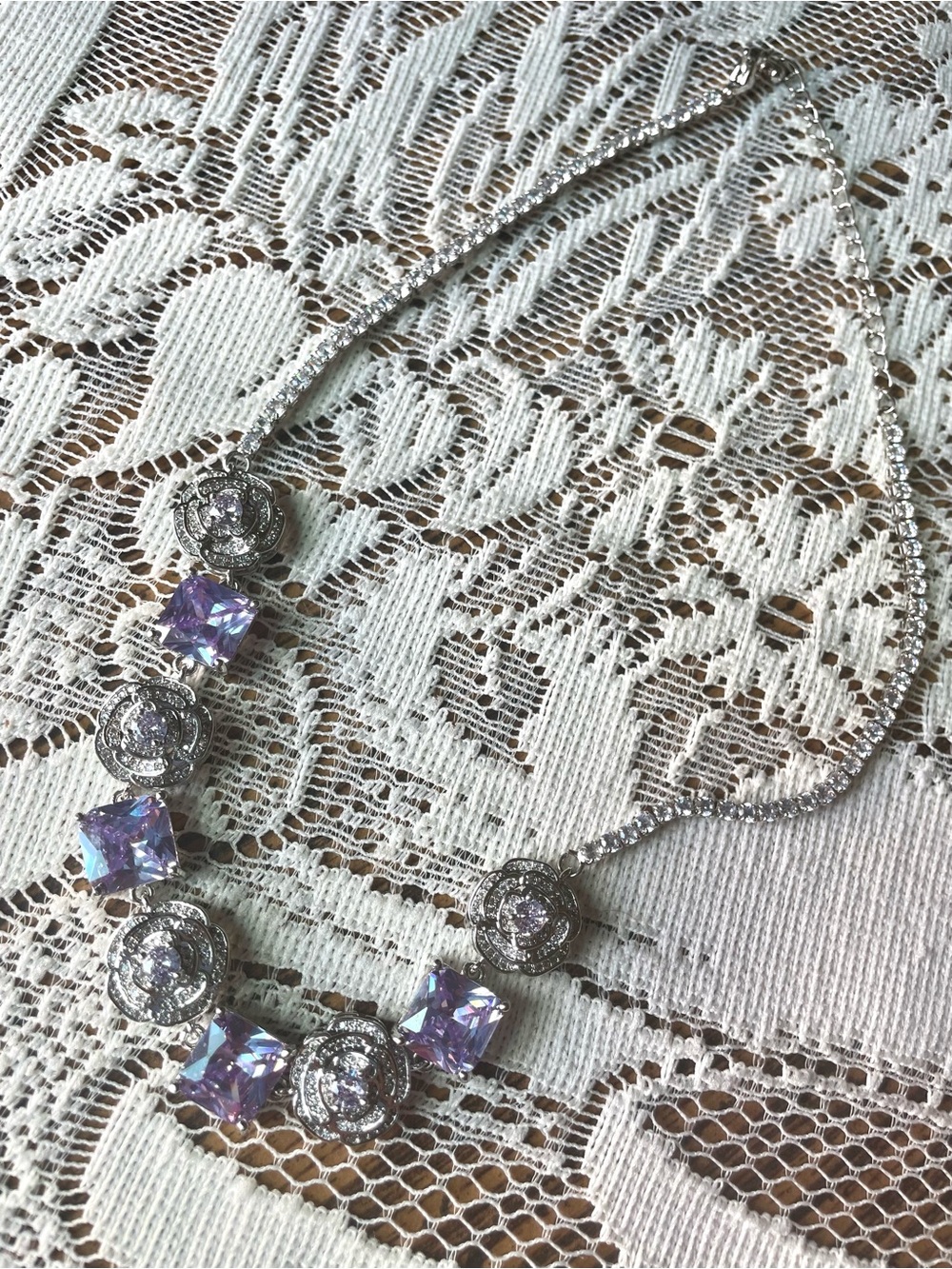 Silver Necklace with Purple Iridescent Stones